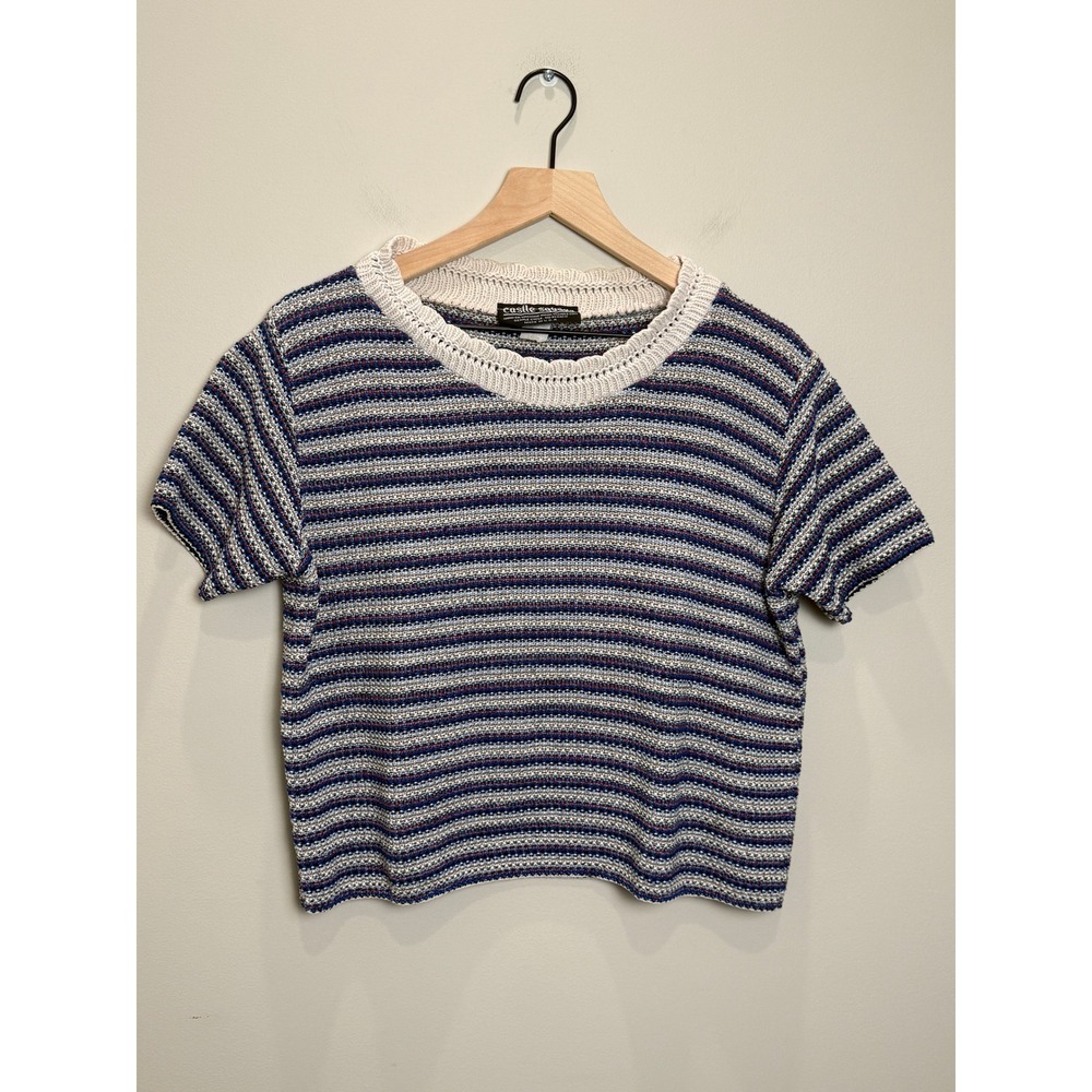 VTG 90s Crochet Knit L Striped Sweater Top USA Made Boxy Crop Coastal Cotton